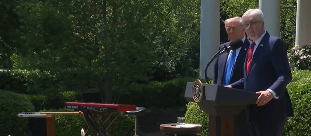 President Donald Trump and Texas Lt. Gov. Dan Patrick during announcement of establishment of the Religious Liberty Commission at a May 1, 2025 White House event.